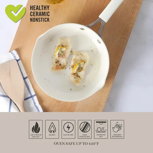 Miniatura 6 de Martha Stewart Heathland - Sartén de aluminio de 8 pulgadas, no tóxico, sartén antiadherente de cerámica de alta calidad, sartén para huevos de Lino