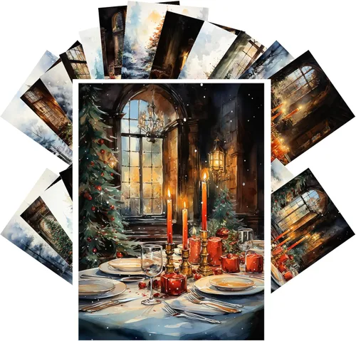 Miniatura 7 de PIXILUV Postales vintage (24 piezas 4"x6" cada una) Personas esquiando en montañas nevadas en Navidad Postales vintage de Navidad Tarjeta