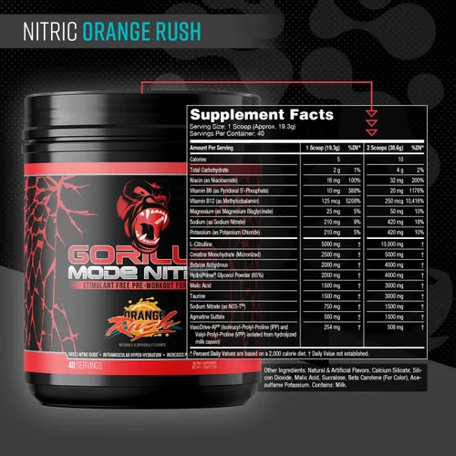 Miniatura 2 de Gorilla Mode Nitric - Preentrenamiento Sin Estimulantes Mejorado – El Mejor Sabor y Más Efectivo Preentrenamiento Sin Estimulantes/Bombas Masivas ·