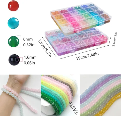 Miniatura 2 de Paquete de 2: más de 1300 cuentas redondas de vidrio para la fabricación de joyas, cuentas de cristal de 48 colores de 0.315 pulgadas para pulseras