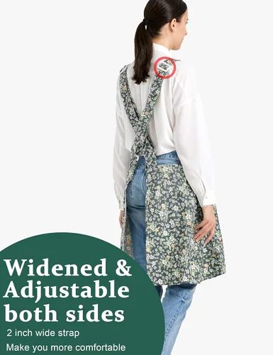Miniatura 3 de Delantales ajustables con espalda cruzada para mujer con bolsillos de algodón y lino para cocinar y hornear (pastoral style)