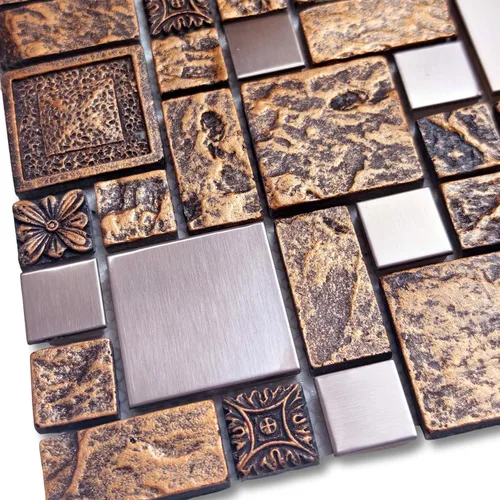 Miniatura 5 de Hominter Azulejo de mosaico de bronce y metal cepillado de resina texturizada de cobre decorativo para salpicaduras de cocina, pared de baño