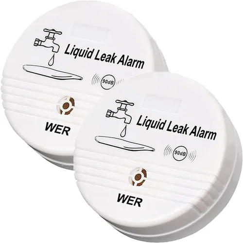 WER Sensor de alarma de fugas de agua, alerta de fugas a batería, detector de agua de 90 dB para sótanos, baños, lavanderías, cocinas, garajes y