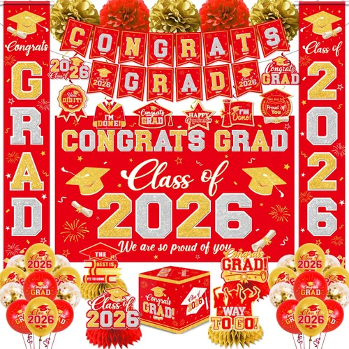 Miniatura 7 de Decoraciones de graduación de clase de 2026, decoraciones de graduación negras y doradas con pancarta de felicitaciones, telón de fondo, letrero