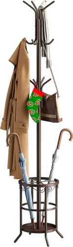 Miniatura 9 de Perchero independiente con soporte para paraguas, perchero con 12 ganchos, abrigo de metal, abrigo de árbol y sombrero, chaqueta de entrada (negro)