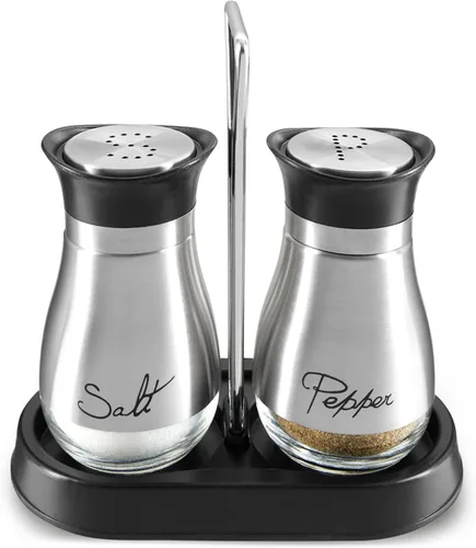 Set de salero y pimentero – Alto grado de acero inoxidable con fondo de vidrio y 4 pies de altura – 4 x 6 x 2 pulgadas 4 onzas.