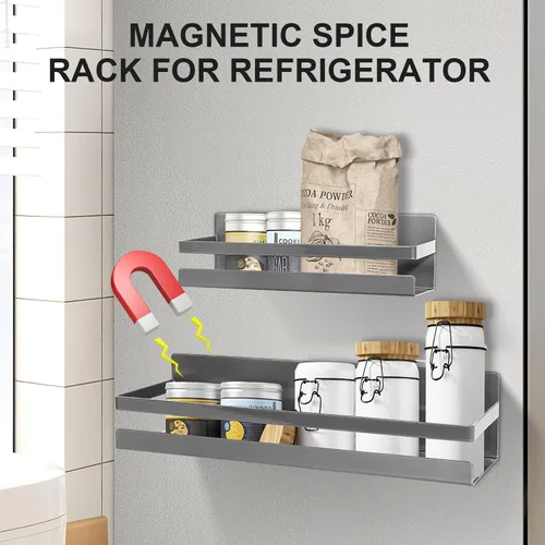 Miniatura 3 de Uten Estante grande para especias para refrigerador, paquete de 2 estantes magnéticos fuertes, organizador de refrigerador movible, ahorro de Gris