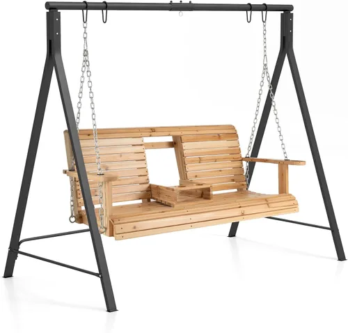 Tangkula Columpio de porche con soporte, columpio colgante de madera para patio con 2 portavasos y marco de metal resistente en forma de A, columpio