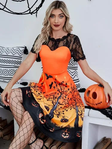 Miniatura 6 de Vestido de calabaza con mangas de encaje para mujer con cremallera lateral