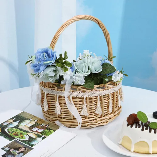 Miniatura 7 de DOITOOL Cesta de mimbre para niña de flores de ratán con flecos, pequeña cesta de mimbre con asa, almacenamiento de pétalos rústicos para ceremonia