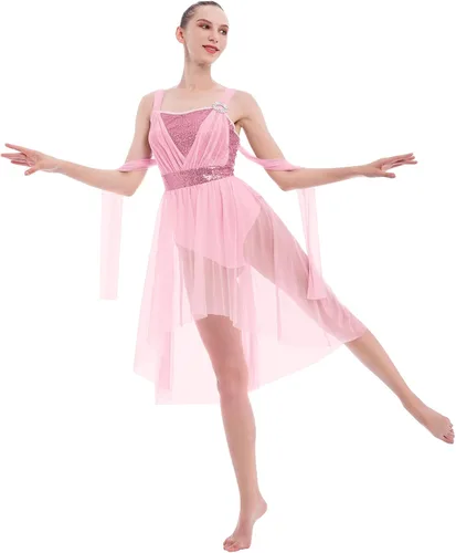 Miniatura 6 de IBAKOM Disfraces de baile lírico para mujer, vestido de baile contemporáneo con lentejuelas brillantes, vestido de baile fluido de gasa