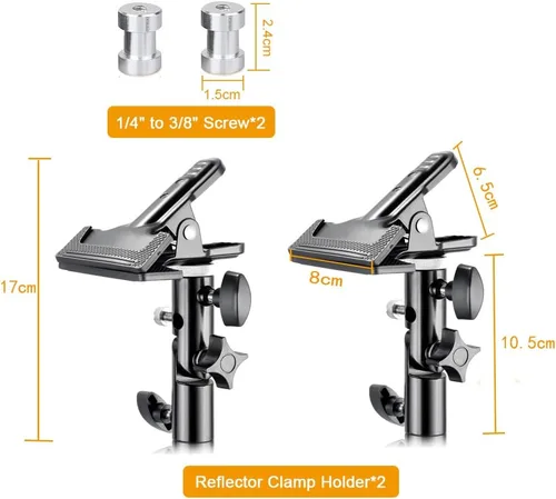 Miniatura 7 de 2 soportes de abrazadera de metal resistente con soporte de luz de 5/8 pulgadas, abrazadera reflectora con orificio para paraguas y montaje