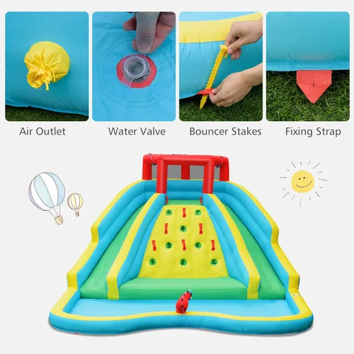 Miniatura 4 de OLAKIDS Tobogán acuático inflable, parque acuático 5 en 1 con 2 toboganes, pared de escalada, pistola de agua grande para piscina, castillo de salto