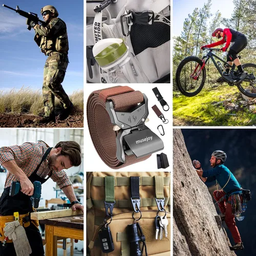 Miniatura 5 de MUSEJOY Cinturones tácticos para hombres, cinturón de trabajo de nailon de 1.5 pulgadas con cinturón táctico resistente de liberación rápida Marrón