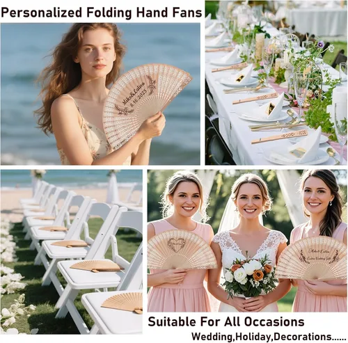 Miniatura 6 de Ventilador de mano personalizado, abanicos de boda personalizados, abanicos de mano plegables de madera con bolsas de organza, recuerdos de boda 30