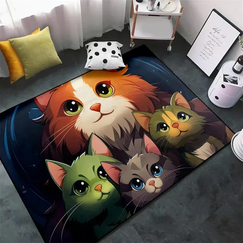 Miniatura 8 de Alfombra de gatos de dibujos animados para niñas, bonita decoración de habitación de niños, alfombra con temática de animales azules, alfombra ultra