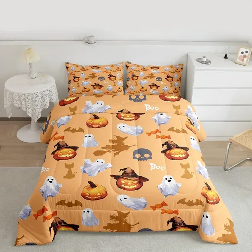 Miniatura 17 de Juego de edredón rosa con temática de Halloween, tamaño individual, edredón de farol de calabaza para adolescentes, juego de ropa de cama de Multi