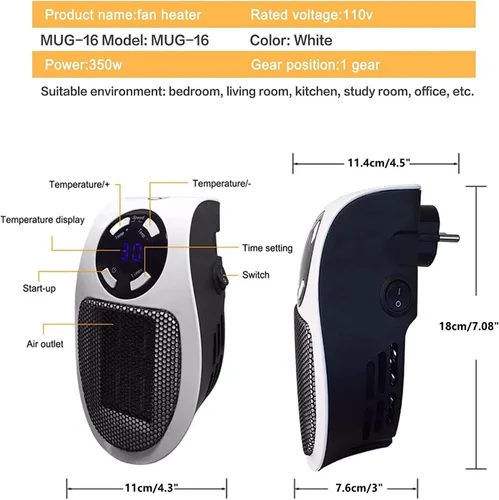 Miniatura 8 de Mini calentador de espacio de 450 W con detección de temperatura, toma de pared remota, calentador de espacio eléctrico como se ve en la televisión