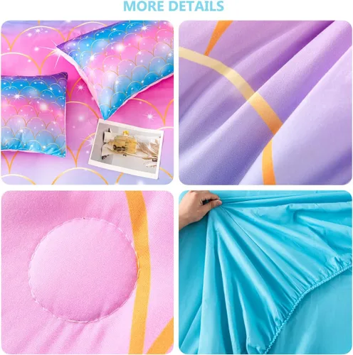 Miniatura 7 de PERFEMET Juego de edredón de sirena rosa, tamaño matrimonial, 6 piezas en una bolsa, juego de ropa de cama de arco iris colorido para adolescentes