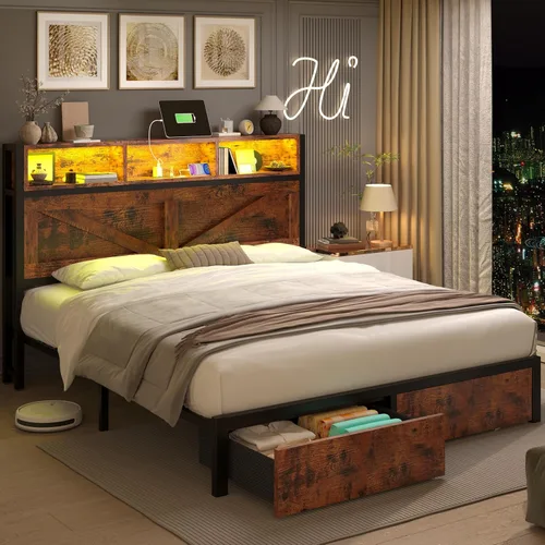 Miniatura 4 de Marco de cama matrimonial de estilo granja con cabecera de estantería y cajones de almacenamiento, luces LED y estación de carga, no necesita Marrón
