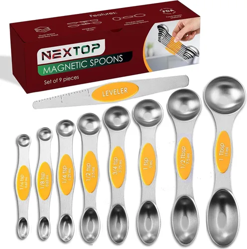 Miniatura 11 de Juego de 9 cucharas medidoras magnéticas de acero inoxidable, apilables, de doble cara, cucharas medidoras para medir ingredientes secos y líquidos