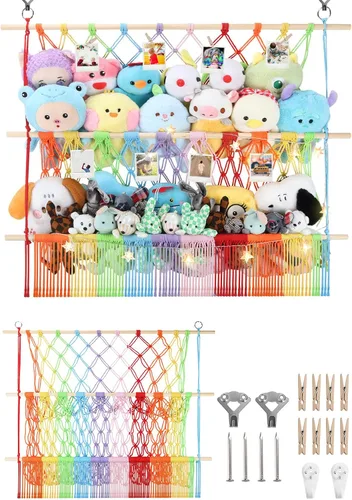 Miniatura 28 de Red de almacenamiento de animales de peluche de 2 niveles, 17 x 32 pulgadas, organizador grande de animales de peluche para pequeños rellenos