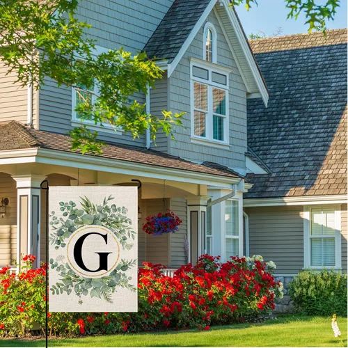 Miniatura 3 de Wyooxoo Bandera de jardín con letra monograma G floral 12x18 pulgadas de doble cara para exteriores, bandera de patio familiar con inicial