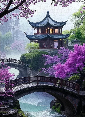 PICKFORU Rompecabezas de 1000 piezas de paisaje de sueños de flor de ciruelo para adultos, rompecabezas de paisaje de árbol de flores vintage, tema
