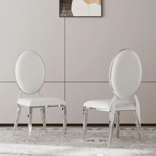 Miniatura 43 de Juego de 2 sillas con 2 sillas de comedor de piel sintética blanca, silla de cocina moderna con respaldo ovalado y patas de acero inoxidable