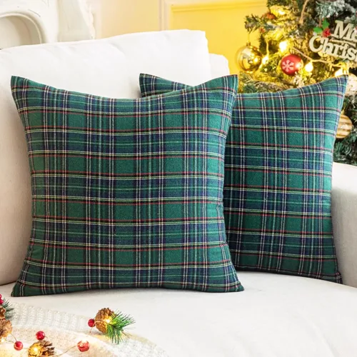 Miniatura 13 de AQOTHES Juego de 2 fundas de almohada decorativas a cuadros de Navidad para decoración rústica de casa, tartán escocés, verde, 22 x 22 pulgadas