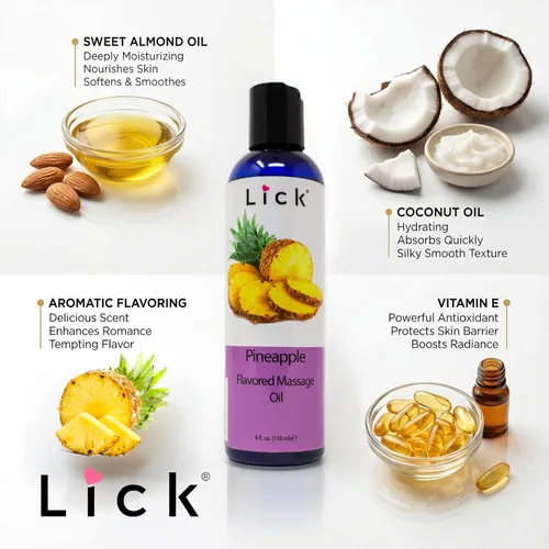 Miniatura 3 de Lick Aceite de masaje con sabor a piña, aceite de masaje comestible dulce tropical con vitamina E, deslizamiento suave y seguro para el cuerpo