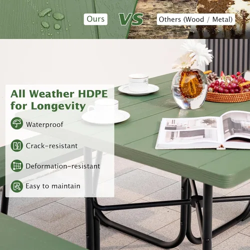 Miniatura 6 de Giantex Juego de mesa de picnic para 8 personas, mesa y banco al aire libre con agujero para paraguas, parte superior de polietileno de alta Verde