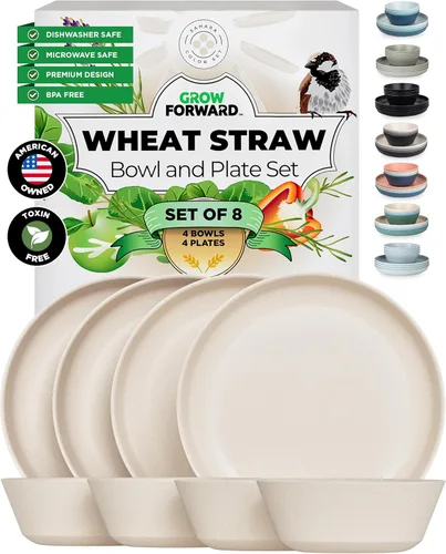 Miniatura 7 de Grow Forward Juego de platos y cuencos de paja de trigo de alta calidad, 8 piezas, platos de paja de trigo irrompibles y reutilizables, aptos