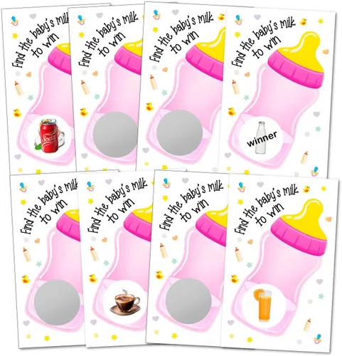 RokAPary Find The Babys Milk Scratch Off Game, It's a Girl Baby Shower Fácil de jugar juegos tontos, idea divertida, actividad rompehielos. Tarjetas