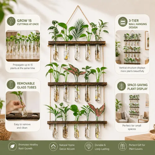Miniatura 7 de Estación de Propagación de 3 Niveles Grandes para Pared, Terrario de Plantas con Soporte de Madera, Tubo de Prueba Retro para Plantas Hidroponías