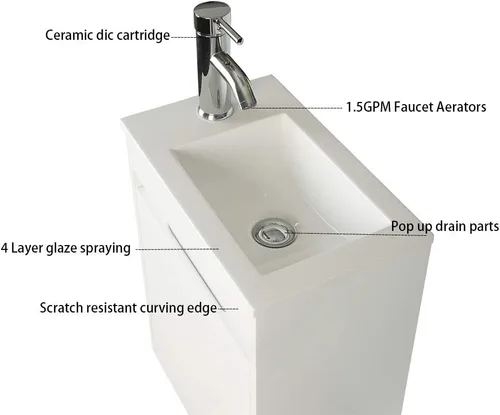Miniatura 9 de Tocador de baño blanco con fregadero de cerámica combinado, tocador de baño de montaje en pared, 16 pulgadas de largo x 9.8 pulgadas de ancho x 20.3