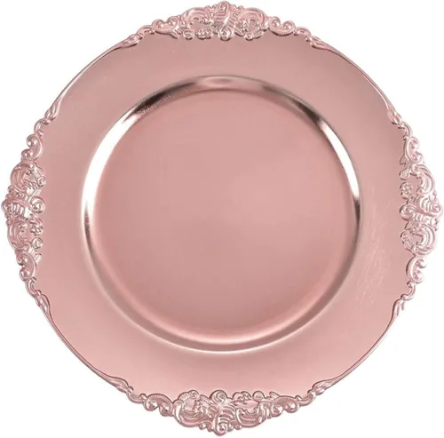 Miniatura 7 de Efavormart - Paquete de 6 platos barrocos redondos de oro rosa de 13 pulgadas, borde en relieve de hojas, perfecto para decoración de catering