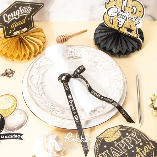 Miniatura 2 de Ribbli Cinta de graduación, cinta de satén negra y dorada de felicitaciones para envolver regalos, decoración de fiesta de graduación, 1/2 pulgada x