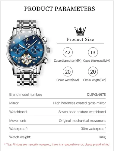 Miniatura 6 de OLEVS Men Automatic Watch Skeleton Moon Phase Dial Luxury Dress Stainless Steel Strap 5 Hands Diamond Men Wrist Watches