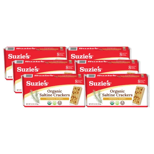 Galletas Saladas Orgánicas Suzie's, Romero y Sésamo, Bocadillos Horneados Gourmet Saludables para Adultos y Niños - Paquete de 6, 8.8 oz Cada Una