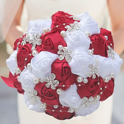 Miniatura 3 de XINNI Ramo de boda negro para novia, dama de honor, satén con diamantes de imitación y perlas para boda, fiesta de quinceañera, negro y marfil