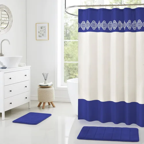 Miniatura 15 de Juego de cortina de ducha de baño de 15 piezas con alfombras de baño de espuma viscoelástica. 2 tapetes de baño antideslizantes de diseño moderno