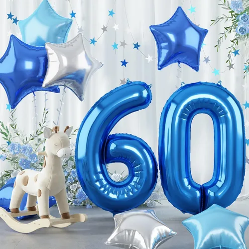 Globo grande de aluminio 60, 40 pulgadas, color verde azulado oscuro, globo autoinflable del número 60 para hombres de 60 cumpleaños, globos de Azul