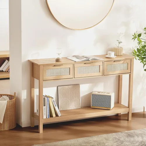 Mesa consola de ratán VEVOR, mesa de entrada con 3 cajones de almacenamiento, mesa de pasillo con puerta corrediza de ratán natural, mesa consola