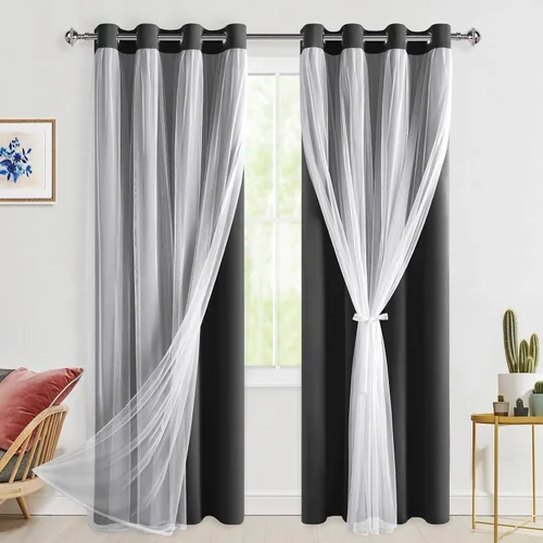 Miniatura 41 de Hiasan Cortinas opacas con superposición transparente, aislamiento térmico para mezclar y combinar de doble capa, cortinas de oscurecimiento de Beige