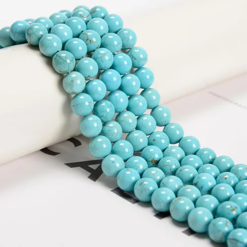 Miniatura 2 de 122 cuentas de piedra natural azul turquesa de 0.236 pulgadas (2 hebras/juego), piedras preciosas redondas auténticas sueltas para hacer pulseras
