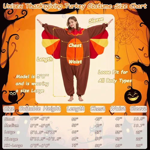Miniatura 5 de MORNINGFLY Disfraz de pavo para adultos, disfraz de Acción de Gracias, Halloween, cosplay, pijama de una pieza para mujeres y hombres