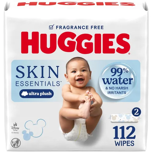Huggies Skin Essentials Toallitas para bebé, hipoalergénicas, 99% de agua, 2 paquetes con tapa abatible (112 toallitas en total)