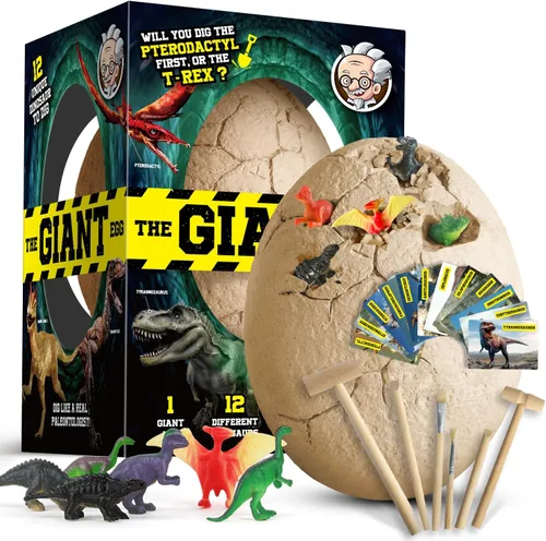 Kit de excavación de huevos de dinosaurio, desentierra un huevo de dinosaurio jumbo con 12 juguetes únicos de dinosaurio grandes sorpresa, juguetes