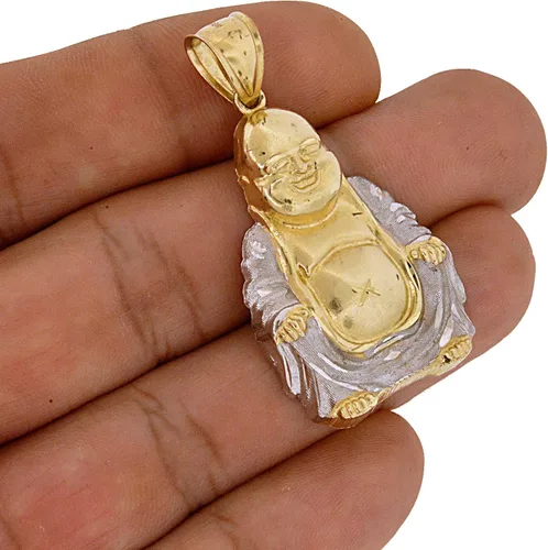 Miniatura 5 de 10K En Dos Tonos oro Buda sonriente colgante de hombre, 1.90" x 1.00